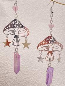 复古镂空蘑菇星月石英吊坠耳环，合成紫白宝石耳环天体太阳月亮星星波西米亚风复古珠宝，适合女性日常魔法和礼物 - 彩色 - 查看 3