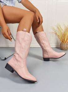 1 Pair Women Elegant Fashion Slip-On Embroidered Western Boots, High Heel Embroidered Western Boots, Stylish Embroidered Cowboy Boots, Slip-On Mid-Calf Flat Boots For Autumn/Winter