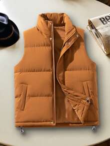 Men's Solid Color Minimalist Fashion Vest, Stand Collar Sleeveless Jacket, Autumn/Winter - Khaki - View 1
