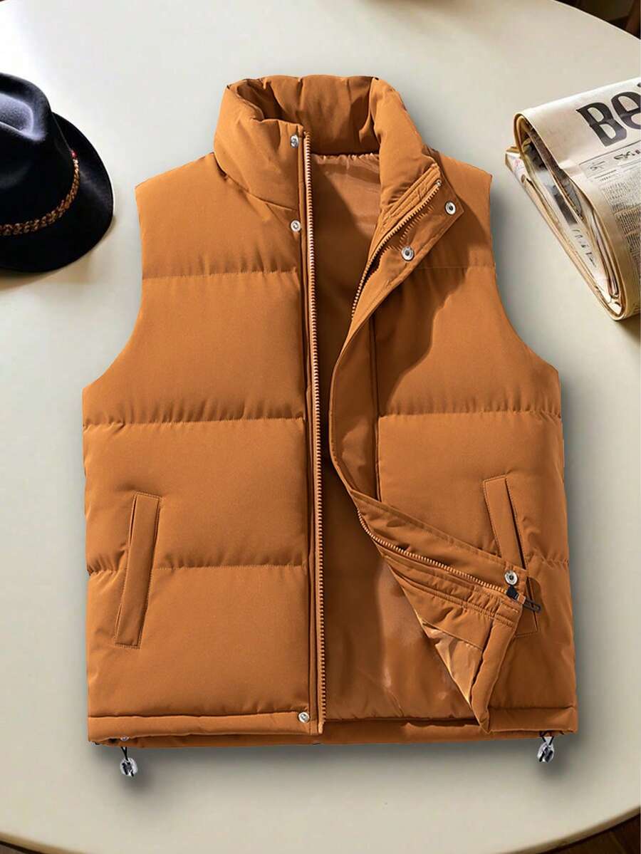 Men's Solid Color Minimalist Fashion Vest, Stand Collar Sleeveless Jacket, Autumn/Winter - Khaki - View 1
