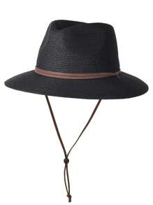 Man Summer Straw Sun Hats Wide Brim Panama Fedora Beach Hat With Wind Lanyard
