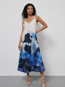 Women's Fashion Floral Print V-Neck Casual Vacation Style Spaghetti Strap Backless Summer Dress, Se-Hore Design