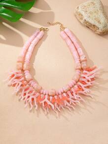 1 pièce Élégant collier de perles de corail à double couche pour femme, bijou polyvalent pour costume, cadeau idéal pour la plage, la fête et le mariage