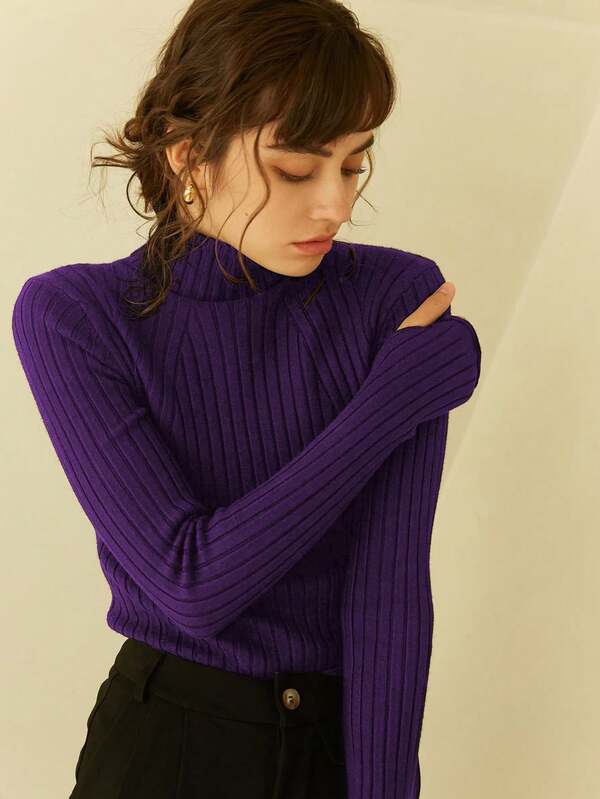 Knit Mix Elegant Autumn Winter Women's High Neck Knit Top, Slim Fit Long Sleeve Essential Sweater,Versatile Frenchmodest Vintage Christmas Thanksgiving New Year Chic Old Money Style Pullover Back To School Autumn Winter Fall Women Clothes