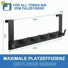 Türhaken Kleiderhaken Ohne bohren Handtuchhalter, für Schlafzimmer, Rostfreiem Aluminiumlegierung badezimmer zubehör für 2 cm dicke Türen, 40*14cm tür organizer, 1-St., Tragkraft max.10 kg, hängeaufbewahrung jackenhalter tür schwarz - Schwarz - Übersicht 5