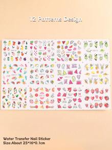 1 Stück 12 Design Sommer Nägel Cartoon Frucht Party Abstrakte Linie Nagel Wasser Aufkleber, Aquarell Wassermelone Zitrone Orange Scheiben Erdbeere Abziehbilder Wassermarke Charm Dekoration (ohne Klebkraft)