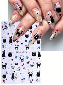 Pegatinas de uñas de 3D Halloween con gato negro, fantasma, serpiente, huesos de mano, pétalos de margarita, líneas de graffiti irregulares, setas, ojo malvado, lágrimas del diablo - 5 piezas - Decoración de manicura para salón - Suministros de uñas para autoadhesivo de esmalte de gel - Diseños otoñales e invernales Y2K