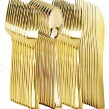 10/25/50/100 Pcs Gold Stainless Steel/Plastic Reusable Cutlery Set, Includes Cake/Salad Forks, Spoons, Knives, Dishwasher Safe Flatware For Home, Restaurant, Wedding, Outdoor, Birthday, Party, Holiday