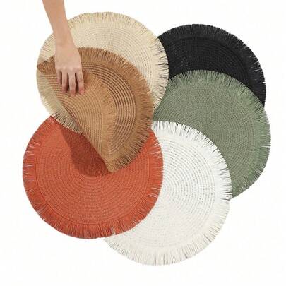 2 piezas/8 piezas Manteles individuales redondos de 15 pulgadas de fibra de papel tejida con borlas, resistentes al calor, decoración de vajilla de hotel y restaurante, decoración de mesa de comedor y sala de estar, antideslizante, adecuado para reuniones en el hogar y fiestas de boda