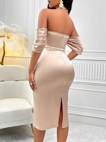 AIJ Amarilo Elegant Solid Color Off Shoulder Ruched Fitted Dress - Apricot - View 3