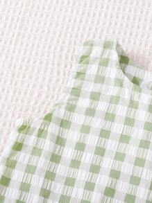 Summer Baby/Baby GirlScoop Neck Ruffle Hem Knitted Plaid Vest Top + Loose Knitted Plaid Pants Set