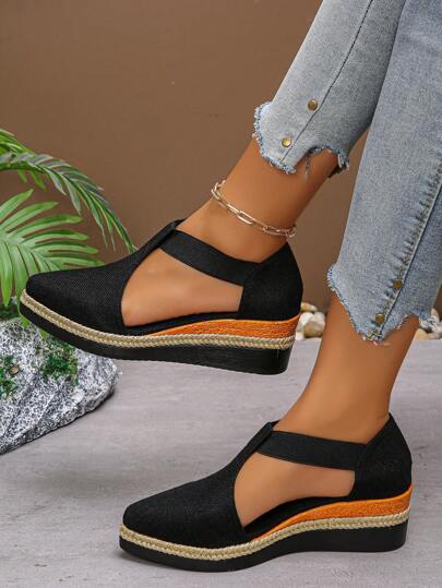 2025 European & American Early Autumn New Platform Thick Sole Pointed Toe Hollow Sandals Women, Elastic Ankle Strap Back Open Wedge High Heel Shoes