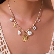 Colar feminino boêmio de aço inoxidável com pingente de concha de concha de oceano, estrela do mar, coração, olhos de diabo, joias, corrente de elos, moda praia, férias, presentes