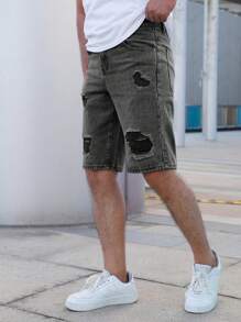 Men's Solid Color Casual Versatile Ripped Denim Shorts, Summer