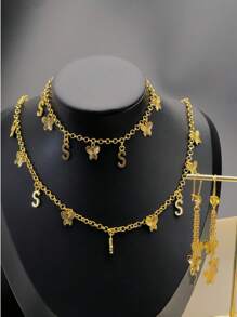 Set minimalista nuovo stile francese con ciondolo a forma di farfalla, lettera S e cerchio, composto da collana, bracciale e orecchini, 3 pezzi