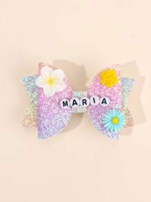 1 Stück kundenspezifische glitzernde Haarschleife mit Wunschtext für Mädchen, kundenspezifischer Name, glänzend weiß-rosa Schleife Haarspangen, süßer Bären-Blumen-Dekor Haarnadeln, lässiger Alltagskopfschmuck, Kinderbaby Haraccessoires
