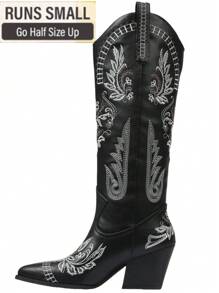 Botas vaqueras occidentales para mujer, con punta puntiaguda, bordadas, tacones gruesos, zapatos hasta la rodilla, botas de montar a la moda para exteriores