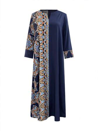 女士春夏度假休闲复古印花拼布缺口领长裙，端庄的卡夫坦