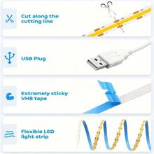 Tira de luz LED COB con sensor de gesto, control por USB 5V, flexible, cinta lineal de alta densidad, regulable, para iluminación trasera de TV, espejo y decoración