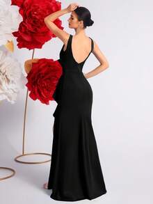 Elisanya Đầm dự tiệc cocktail hở lưng xẻ tà cạp cao đơn giản - màu đen - Xem 2