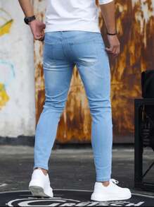 1pc Men Skinny Distressed Denim Jeans, Elastic Breathable Casual Cargo Pants With Pockets, Solid Color Suitable For Urban Walking, Family Outdoor Activities, All Season