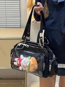 Japanese Harajuku Style Ltabag Large Capacity Cute Bowling Bag Badge Element Female Student Multi-Functional Handbag Cross-Body Bag Backpack , Bow - Black - View 8