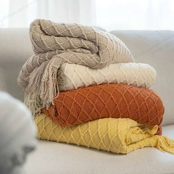 1pc Vintage Geometric Pattern Throw Blanket, Soft Acrylic Knitted Cozy Coverlet For Farmhouse Living Room, Bedroom, All Seasons - Mixed Colors