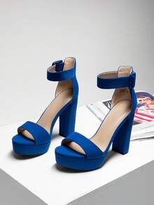 Women High Heel Chunky Block Platform Heels Buckle Decor Ankle Strap Open Toe Chunky Heeled Sandals, Perfect For Autumn Party, Wedding, Prom Night - Royal Blue - View 2