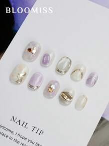 10 Pieces Of Handcrafted Press On Nails Short , Purple Nails , Gentle Flowers , Reusable Fake Nails