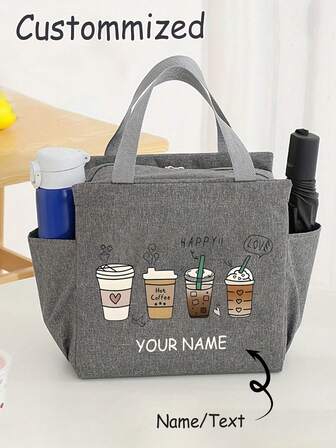 Bolsa aislada personalizada, bolsa térmica para el almuerzo con estampado de "Cuatro tazas de café", con bolsa de almacenamiento para cubiertos negra, bolsa para el almuerzo con bolsillo doble, gran capacidad, bolsa térmica para el almuerzo de estudiantes, bolsa portátil de picnic de viaje, bolsa aislada para el almuerzo de la oficina y la escuela, lonchera de trabajo, lonchera de trabajo para oficina y vacaciones, lonchera multifunción para campamento y escuela, unisex, multicolor a elegir