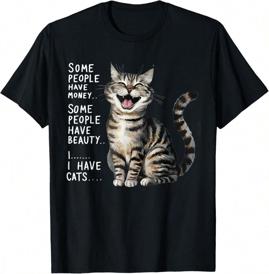 ALGUNAS PERSONAS TIENEN DINERO TIENEN BELLEZA YYO TENGO GATOS Camiseta - Negro - Ver 1