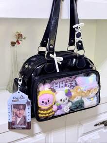 Japanese Harajuku Style Ltabag Large Capacity Cute Bowling Bag Badge Element Female Student Multi-Functional Handbag Cross-Body Bag Backpack , Bow - Black - View 7