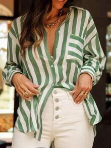 女士休闲条纹印花长袖衬衫