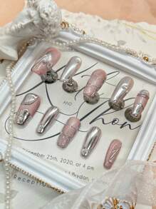 10 Unhas Postiças Cobertas Totalmente Feitas à Mão, Estilo Caixão, Estilo Olho de Gato Com Adorno Metálico de Pérolas, Adequado para Mulheres e Meninas, Com 1 Almofada de Gelatina e 1 Lima de Unha