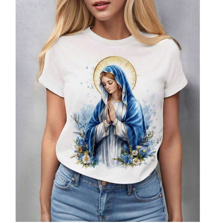 Women's T-Shirt Blouse Casual Fashion, VIRGIN MARY, Colorful, Plus Size Fashion, Summer 2025 Figure Letter Casual Home - 白色 - 查看 1