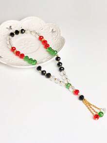 1 件穆斯林祈祷珠手链，彩色透明玻璃珠，金色金属圆珠和羽毛吊坠，包含祝福卡，适合节日佩戴 - 彩色 - 查看 7