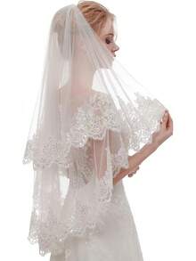 Short Wedding Veil With Comb - 2 Tier Bridal Veil, 24" Length Tulle Bride Accessories For Women - 象牙色 4 和亮片蕾絲 - 查看 4