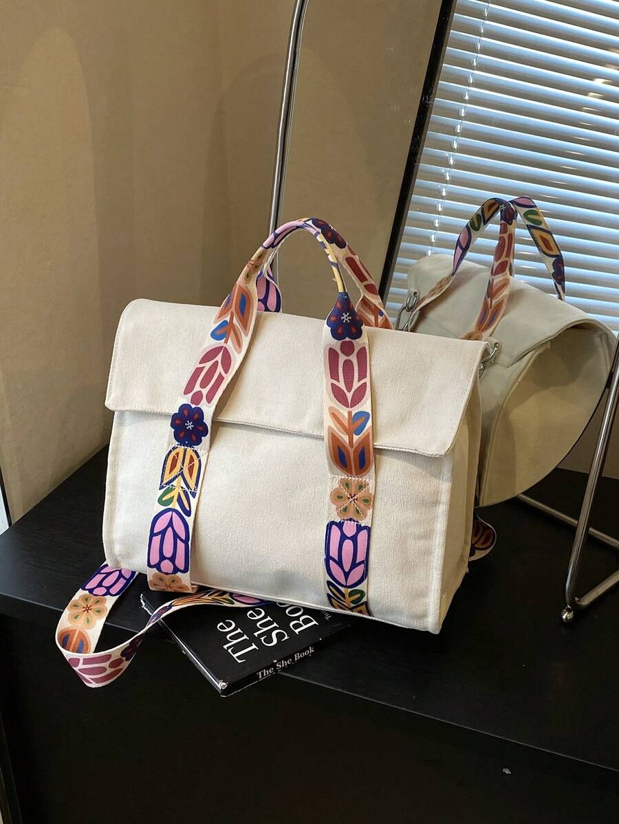 1 件女士大容量手提包和单肩包，帆布翻盖托特包适合购物 - 白色 - 查看 1