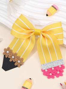 1pc Girl's Back-To-School Hair Bow Clip – Yellow Pencil Striped Print Hairpins,Rose Pink & Coffee Color Floral Decor Hair Bows With Faux Pearls Charms, Funny Pencil Design – Vintage Preppy Style Hair Accessories For School Season