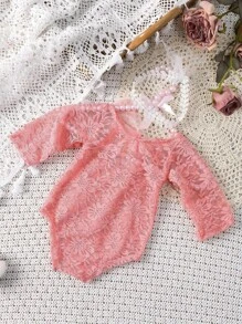 2 pezzi Tutina in pizzo e fascia per neonati, completo di fotografia per bambine con decorazione in tulle, accessorio fotografico per neonati