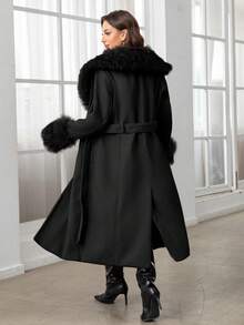 Women's Wool Blend Coat With Faux Fur Collar, Cuffs And Belt - Fashionable Long Jacket For Cold Weather - Black - View 9