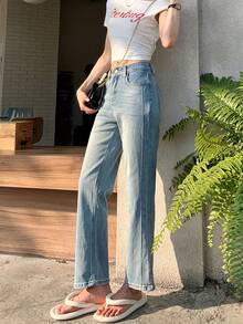 浅蓝色喇叭裤 7/8 长度弹力紧身牛仔裤，修身九分直筒裤，女式