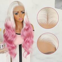 White Roots Ombre Hot Pink Color Body Wave Synthetic Lace Front Wig Pre Plucked Baby Hair Natural Hairline 26 Inch 180% Density Long Wavy Hair Lace Front Wigs 13x4 Free Part For Fashion Women Girls Daily Party Use Ready To Wear Heat Resistant Fiber - 拼色 - 查看 6