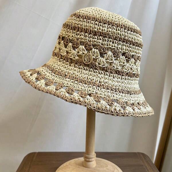 1pc Women's Cute Handmade Crochet Sun Hat, Foldable Summer Travel Cap
