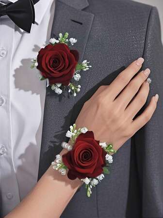2 件 - Latious 婚礼新娘腕花白色新娘玫瑰腕花伴娘手花装饰花舞会派对配饰女士优雅玫瑰花环和腕花套装适用于大学活动、派对和婚礼夏季（红色）
