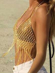 1pc Sparkling Full Crystal Rhinestone Silver-Plated Tassel Sexy Women Body Chain Bra, Mesh Tassel Chest Chain Jewelry Necklace Lingerie, Luxury Crystal Body Jewelry Bikini Bra, 1pc Nightclub Shiny Mesh Tassel Faux Crystal Bra Chain Pendant Elegant Fashion Sexy Rhinestone Chest Chain Accessory - Gold - View 5