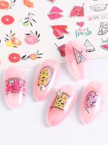 1 Stück 12 Design Sommer Nägel Cartoon Frucht Party Abstrakte Linie Nagel Wasser Aufkleber, Aquarell Wassermelone Zitrone Orange Scheiben Erdbeere Abziehbilder Wassermarke Charm Dekoration (ohne Klebkraft)