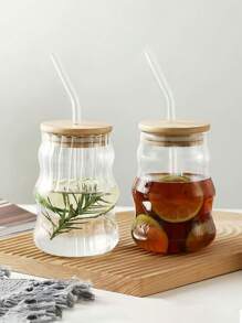 1 pieza Taza resistente al calor de 530ml/18.65oz Taza de vidrio transparente de alta borosilicato, taza con pajita, vaso asimétrico de bebida, vaso de agua transparente ondulado, vaso de bebida acanalado, vaso de cóctel con forma de onda, vaso para café helado con forma de calabaza