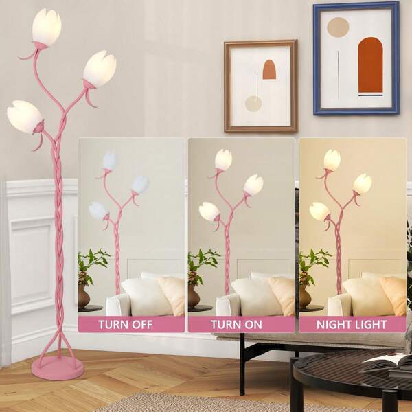 Lampadaire rose pour le salon, lampadaire abat-jour fleur 3 lumières avec 3 ampoules LED, lampe fleur tulipe DIY, lampadaire fleur, lampadaire moderne pour la chambre, chambre d'enfant, bureau 170 cm [Classe énergétique F]