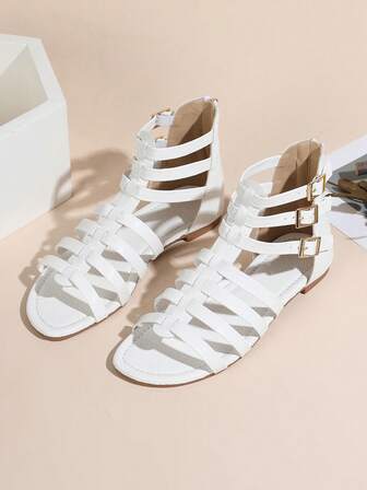 Fashionable Snake Print White Roman Sandals, Flat Braided Style, Versatile White Casual Outdoor Travel Snake Print Buckle Design Flat Women Sandals